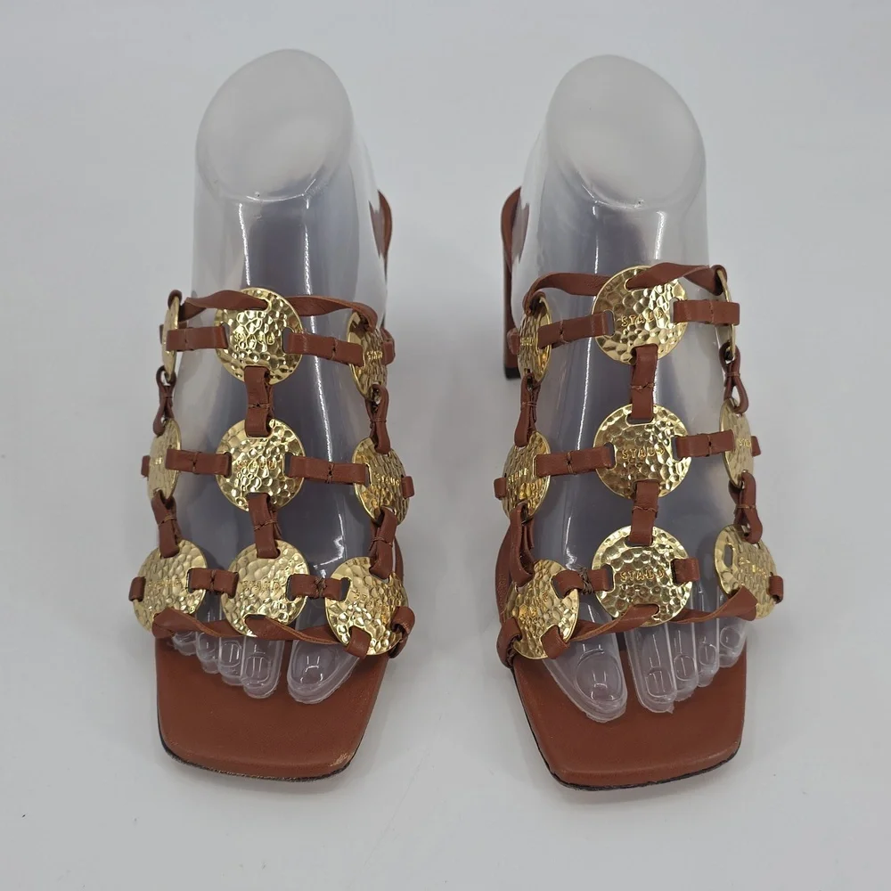 STAUD Pucky Brown And Gold Heeled Sandals Size 38